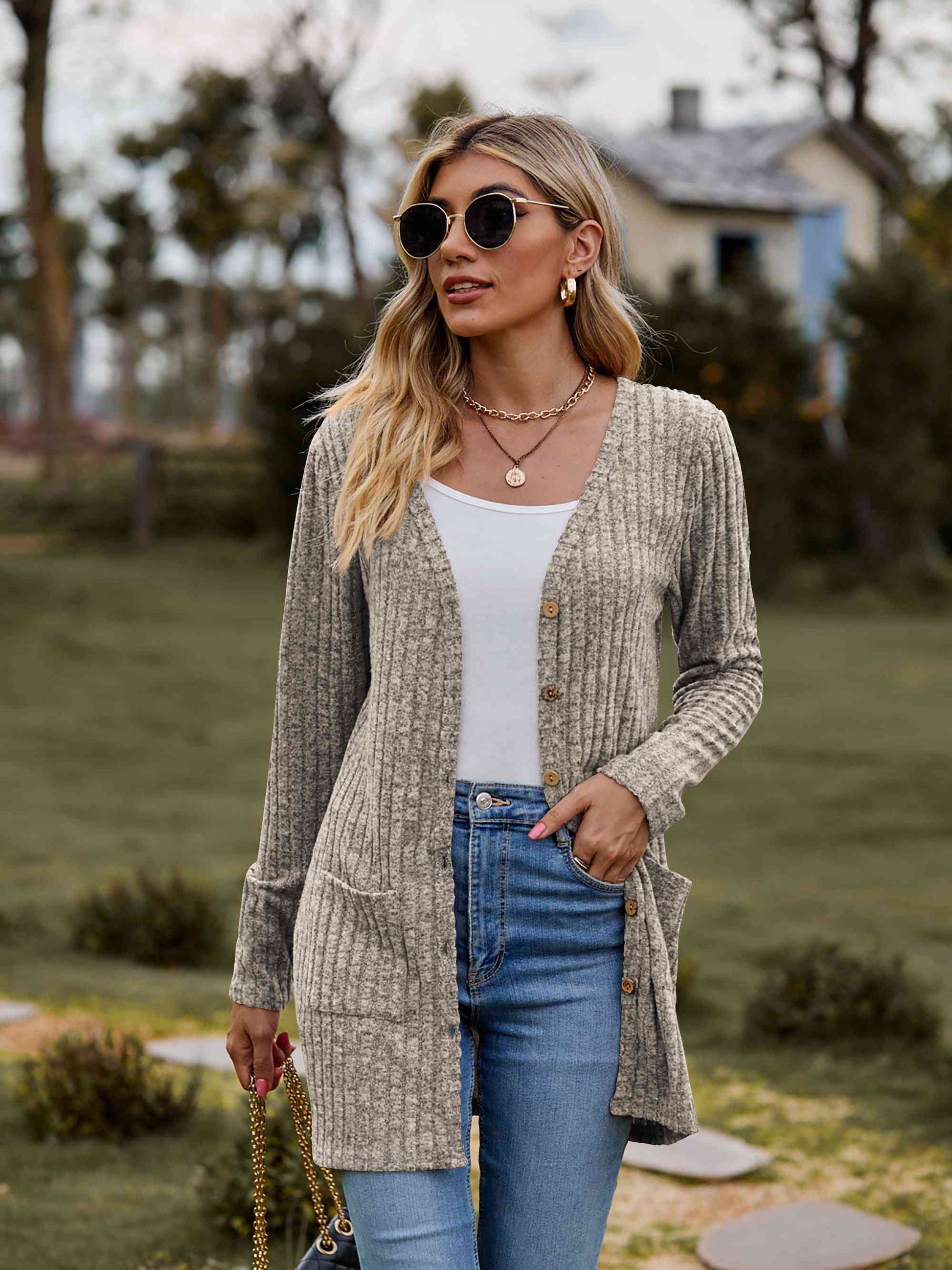 Ribbed Button-Up Cardigan with Pockets - Khaki / S - Women’s Clothing & Accessories - Shirts & Tops - 5 - 2024