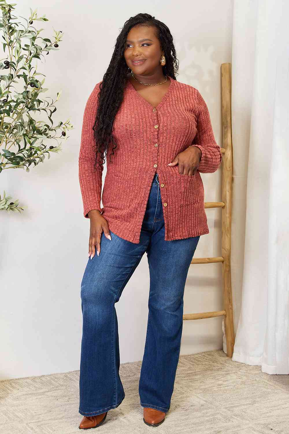 Ribbed Button-Up Cardigan with Pockets - Women’s Clothing & Accessories - Shirts & Tops - 8 - 2024