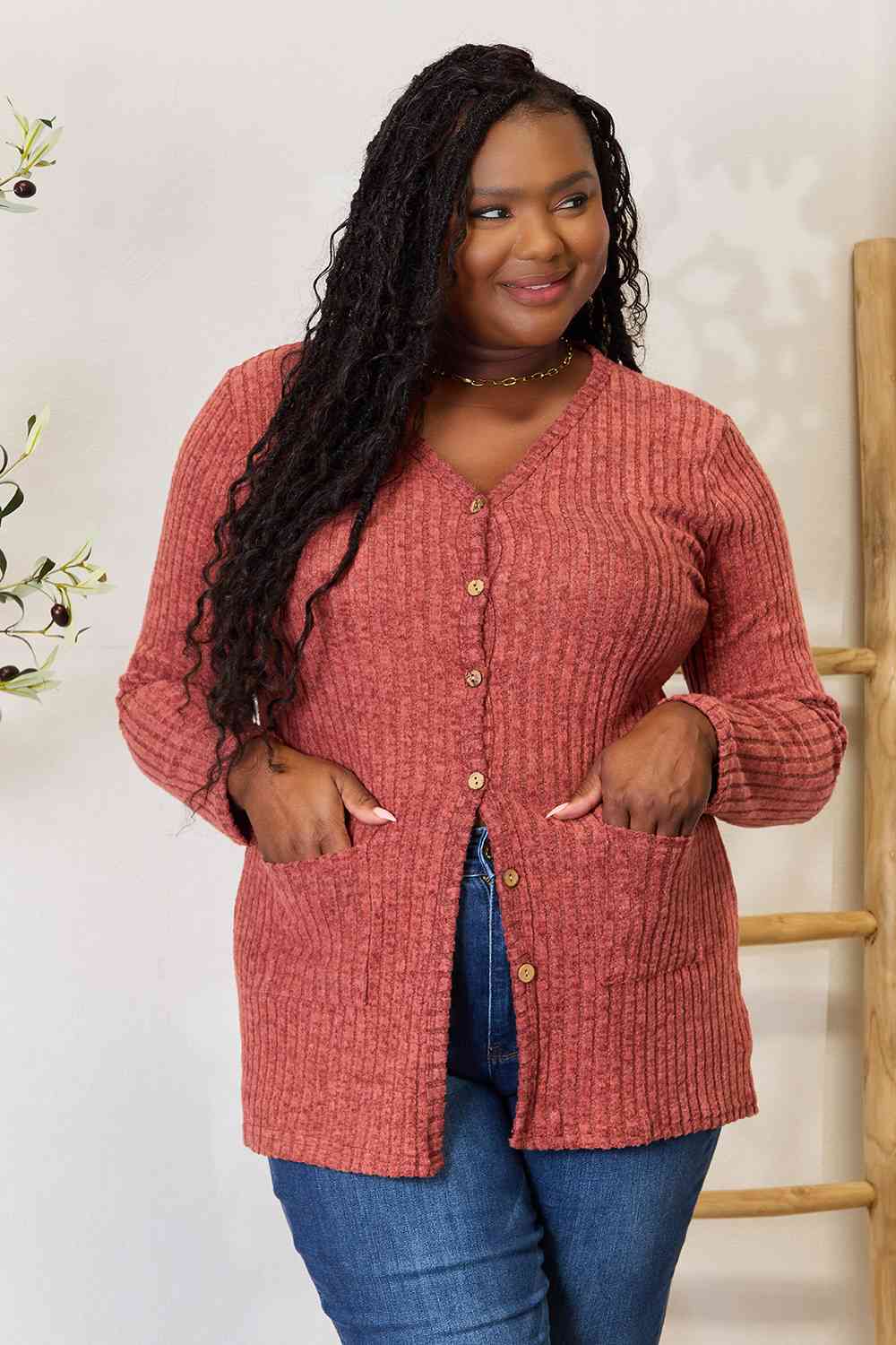 Ribbed Button-Up Cardigan with Pockets - Women’s Clothing & Accessories - Shirts & Tops - 5 - 2024