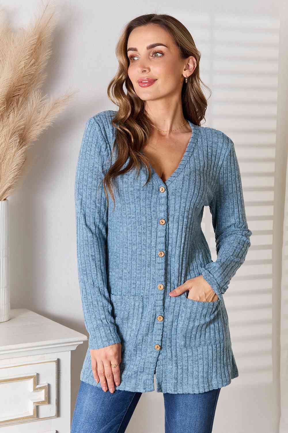 Ribbed Button-Up Cardigan with Pockets - Pastel Blue / S - Women’s Clothing & Accessories - Shirts & Tops - 10 - 2024