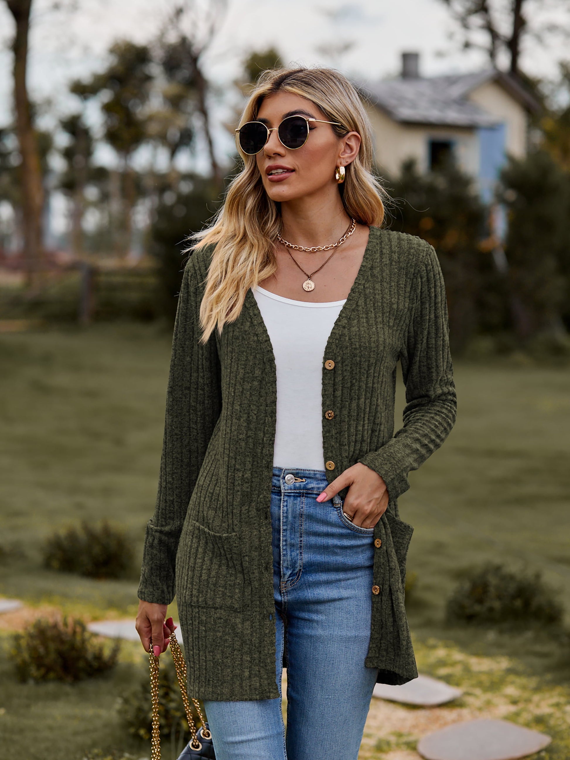 Ribbed Button-UP Cardigan with Pockets - Green / S - Women’s Clothing & Accessories - Shirts & Tops - 25 - 2024