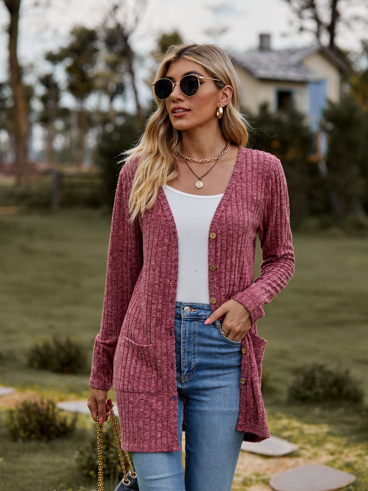 Ribbed Button-UP Cardigan with Pockets - Women’s Clothing & Accessories - Shirts & Tops - 6 - 2024