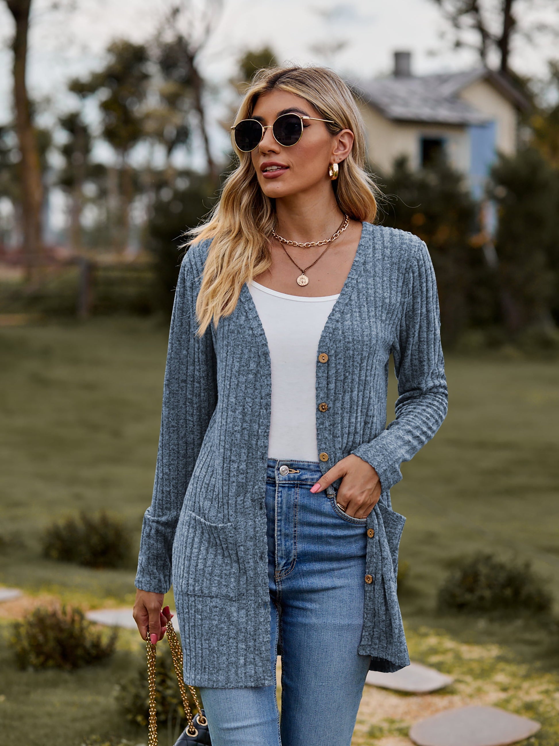 Ribbed Button-UP Cardigan with Pockets - Blue / S - Women’s Clothing & Accessories - Shirts & Tops - 13 - 2024