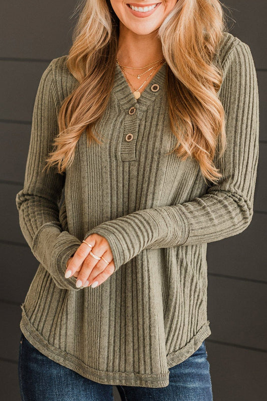Ribbed Buttoned Long Sleeve Blouse - Green / S - Women’s Clothing & Accessories - Shirts & Tops - 1 - 2024