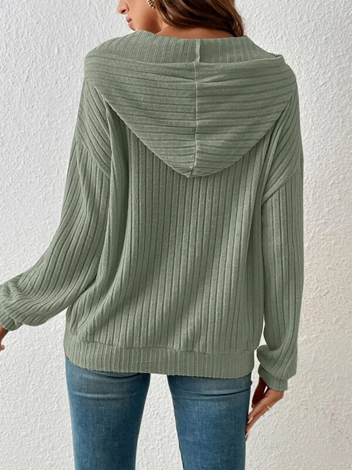 Ribbed Dropped Shoulder Drawstring Hoodie - Women’s Clothing & Accessories - Shirts & Tops - 7 - 2024
