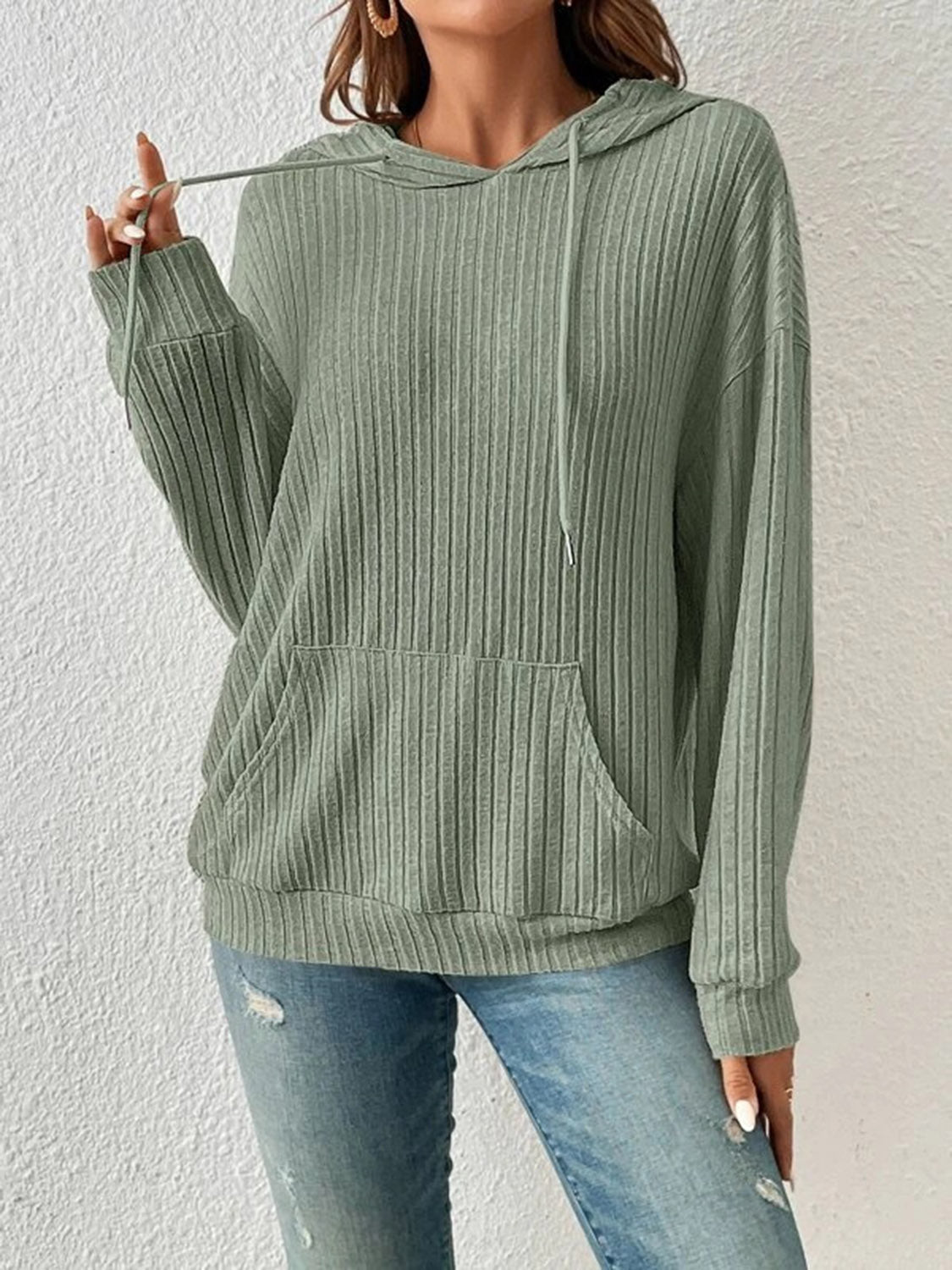 Ribbed Dropped Shoulder Drawstring Hoodie - Green / S - Women’s Clothing & Accessories - Shirts & Tops - 6 - 2024