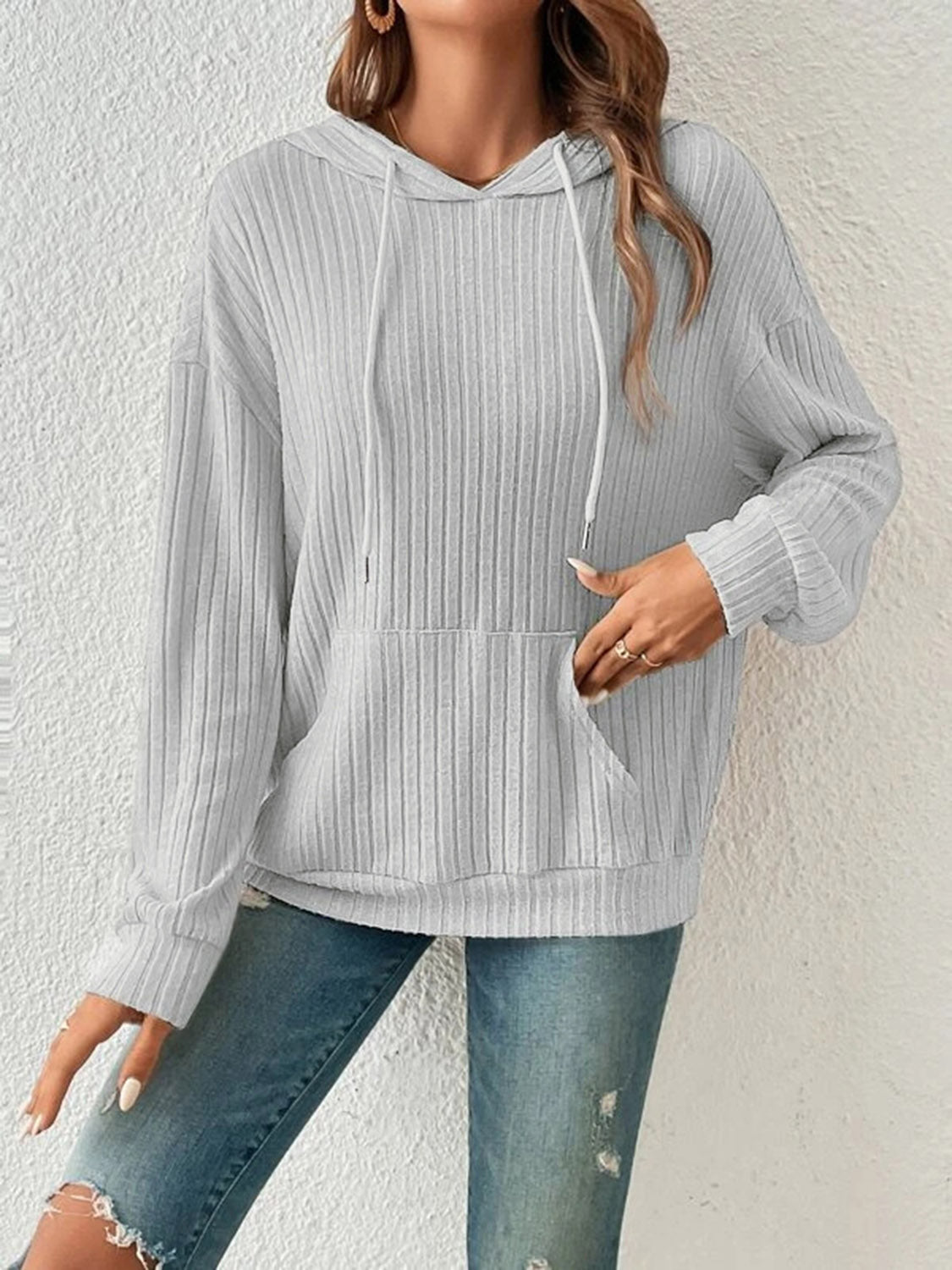 Ribbed Dropped Shoulder Drawstring Hoodie - Light Gray / S - Women’s Clothing & Accessories - Shirts & Tops - 10 - 2024