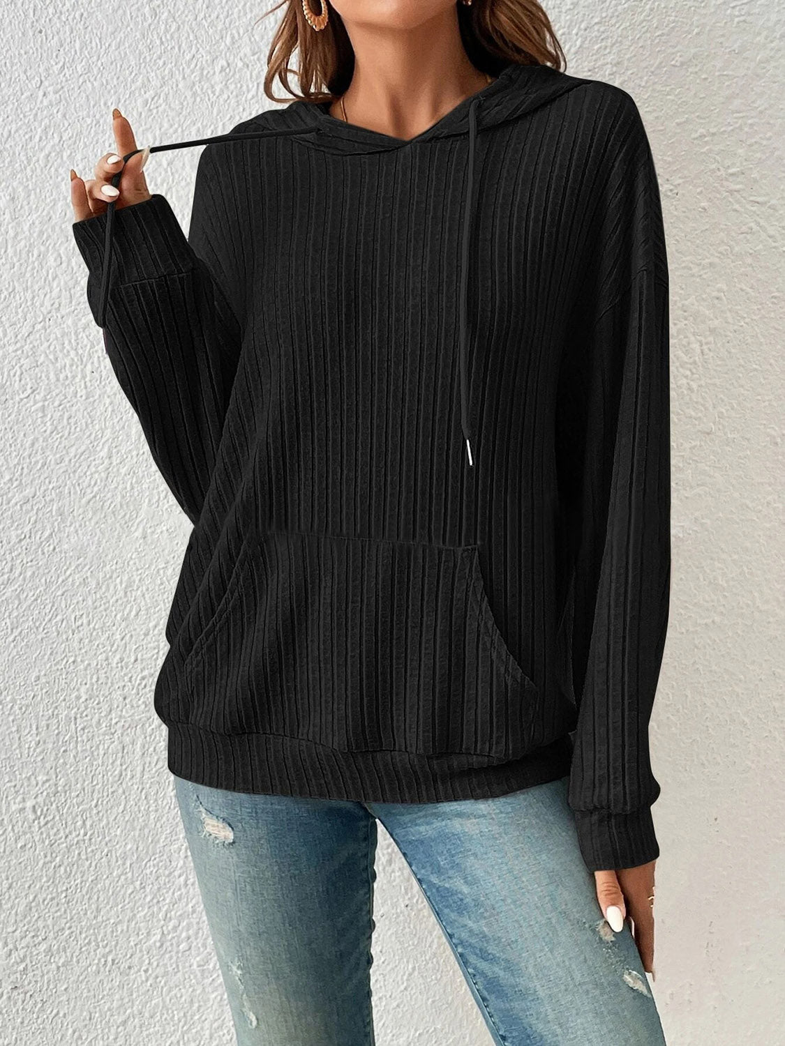 Ribbed Dropped Shoulder Drawstring Hoodie - Black / S - Women’s Clothing & Accessories - Shirts & Tops - 14 - 2024
