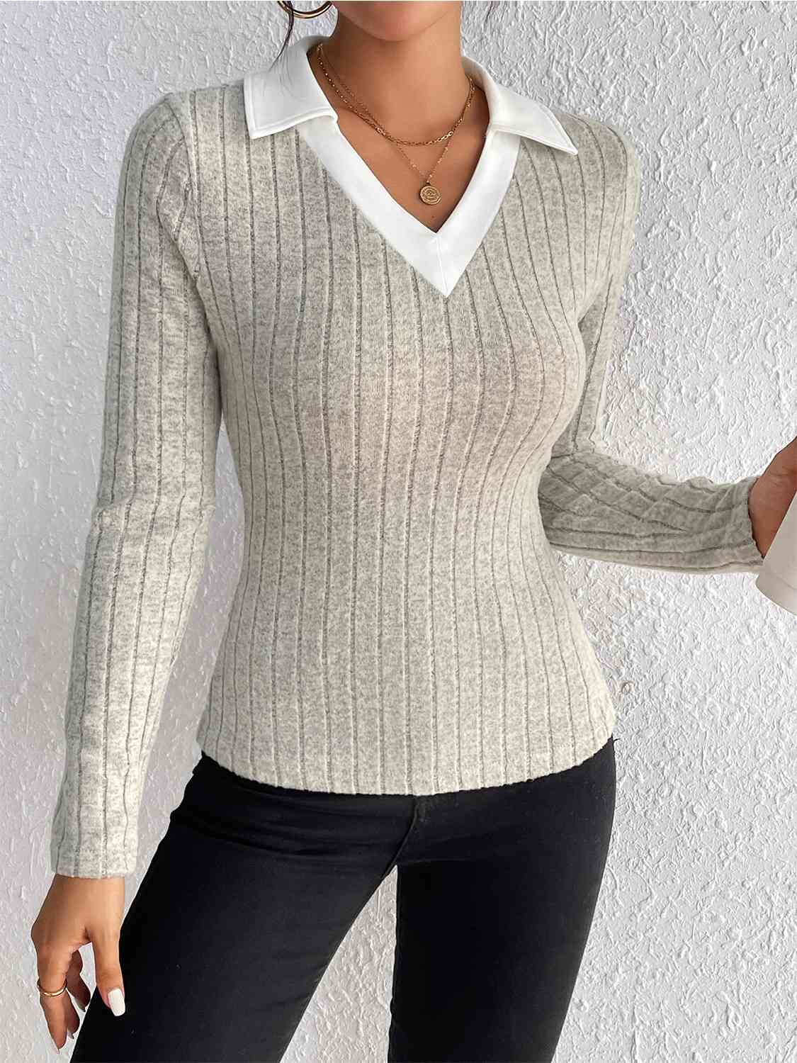 Ribbed Johnny Collar Long Sleeve Blouse - Women’s Clothing & Accessories - Shirts & Tops - 4 - 2024