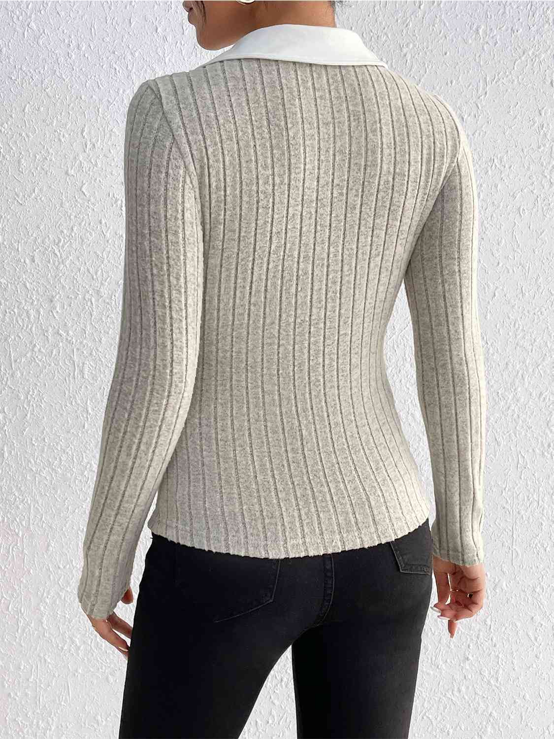 Ribbed Johnny Collar Long Sleeve Blouse - Women’s Clothing & Accessories - Shirts & Tops - 2 - 2024
