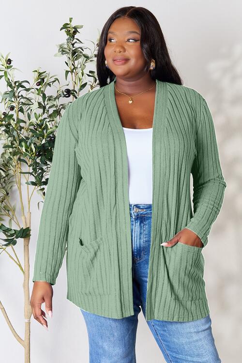 Ribbed Open Front Cardigan with Pockets - Gum Leaf / S - Women’s Clothing & Accessories - Shirts & Tops - 14 - 2024
