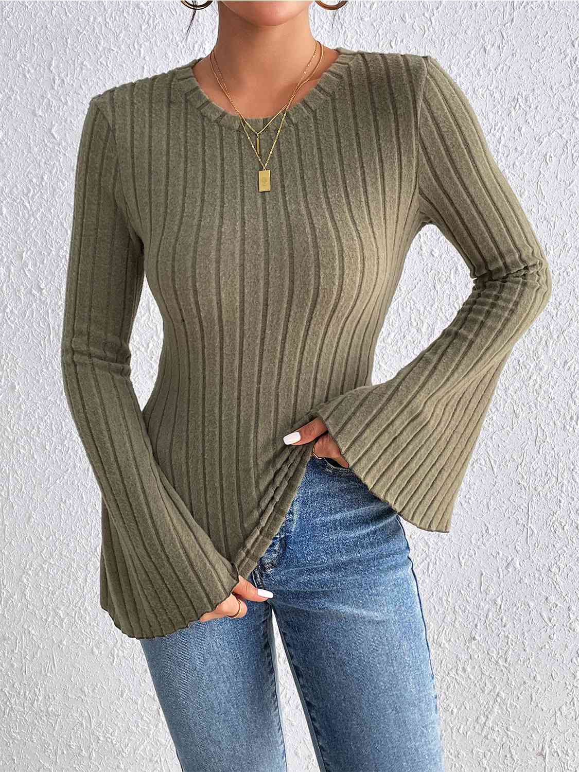 Ribbed Round Neck Flare Sleeve Top - Women’s Clothing & Accessories - Shirts & Tops - 4 - 2024