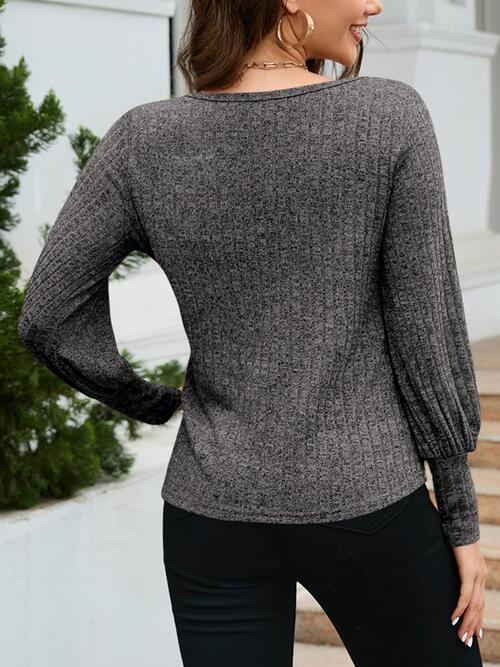 Ribbed Round Neck Lantern Sleeve Knit Top - Women’s Clothing & Accessories - Shirts & Tops - 15 - 2024