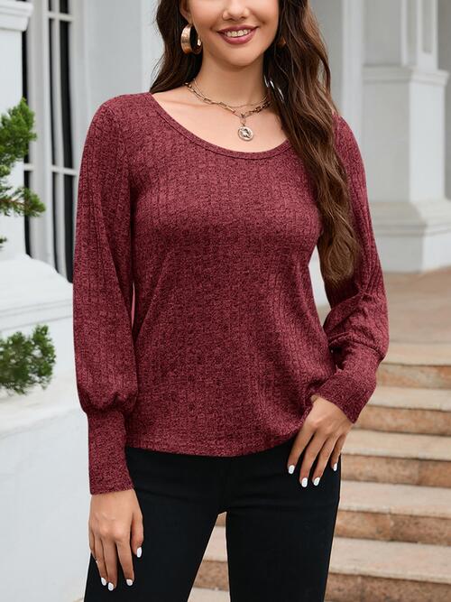 Ribbed Round Neck Lantern Sleeve Knit Top - Women’s Clothing & Accessories - Shirts & Tops - 11 - 2024