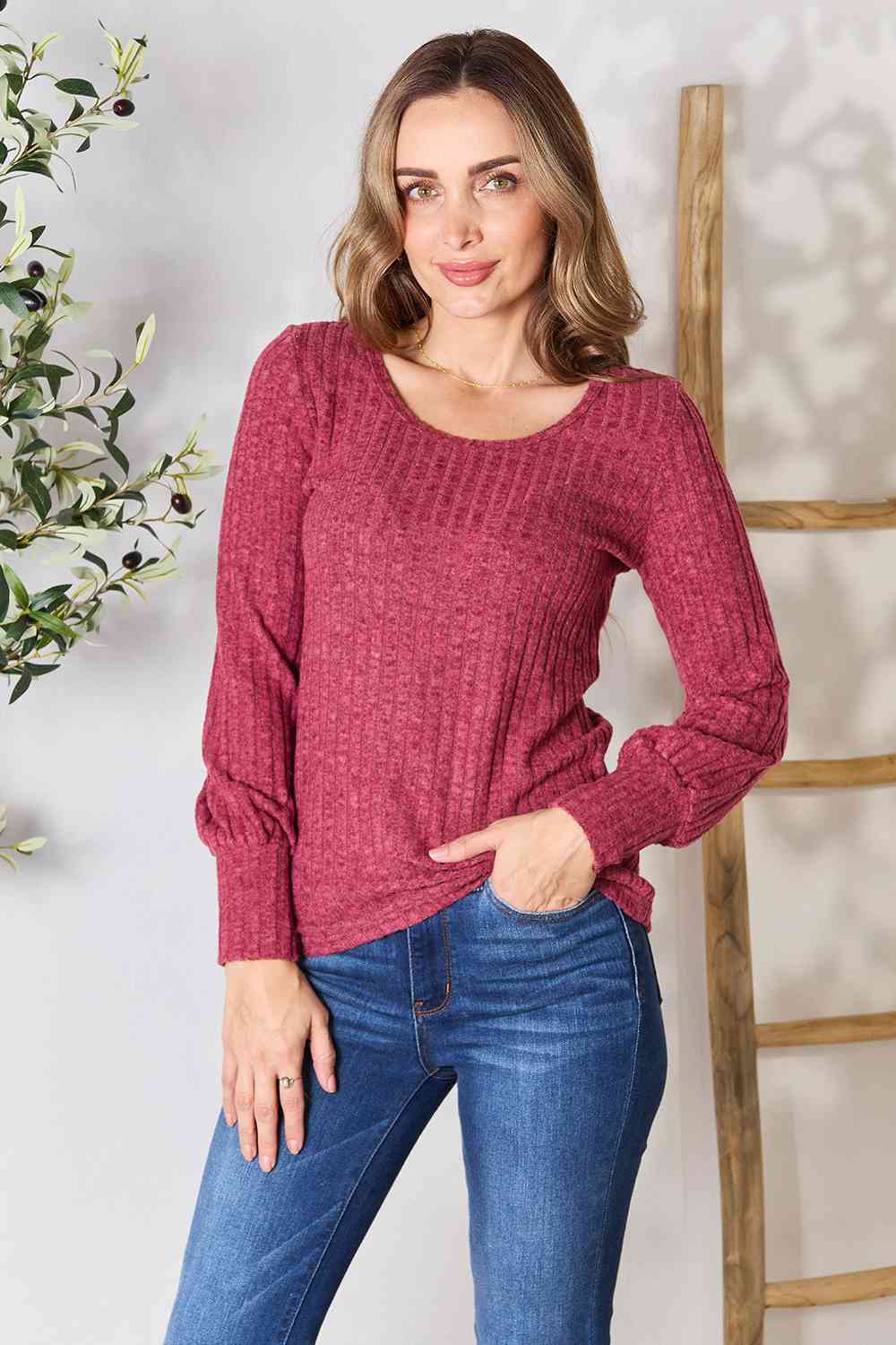Ribbed Round Neck Lantern Sleeve Blouse - Wine / S - Women’s Clothing & Accessories - Shirts & Tops - 1 - 2024