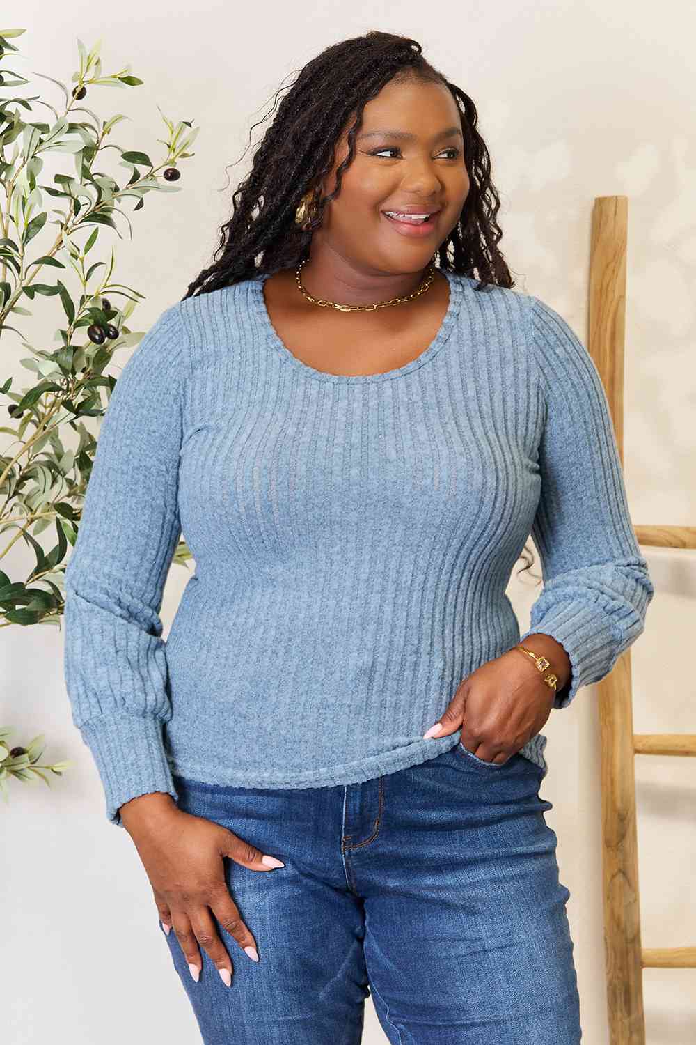 Ribbed Round Neck Lantern Sleeve Blouse - Dusty Blue / S - Women’s Clothing & Accessories - Shirts & Tops - 15 - 2024