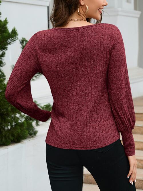 Ribbed Round Neck Lantern Sleeve Knit Top - Women’s Clothing & Accessories - Shirts & Tops - 12 - 2024