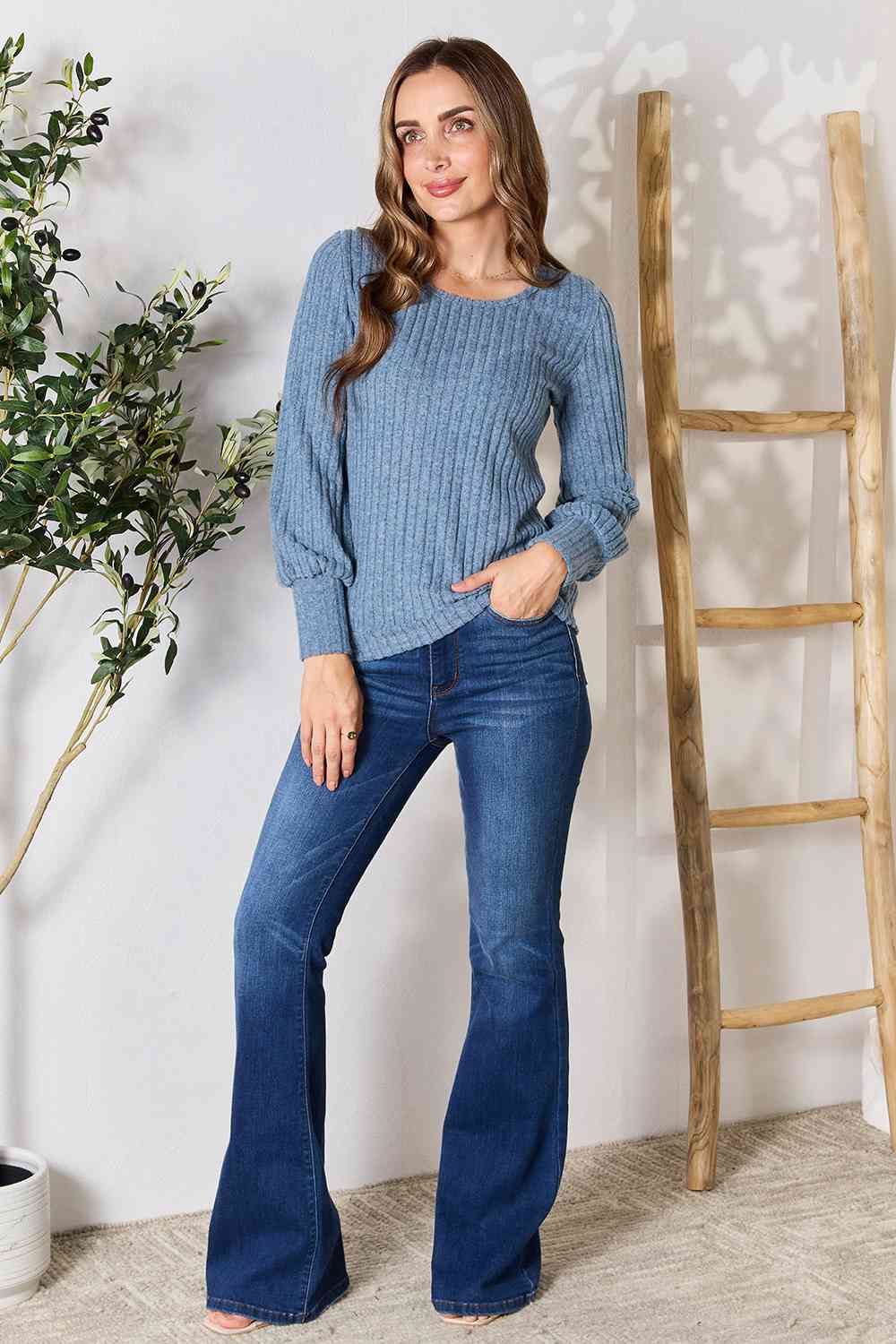 Ribbed Round Neck Lantern Sleeve Blouse - Women’s Clothing & Accessories - Shirts & Tops - 14 - 2024