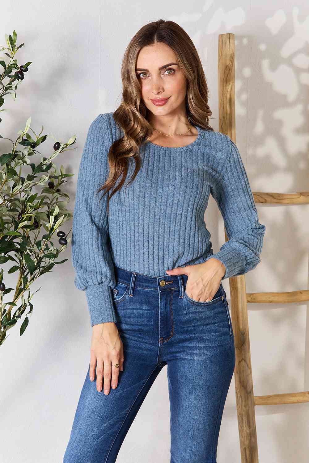 Ribbed Round Neck Lantern Sleeve Blouse - Women’s Clothing & Accessories - Shirts & Tops - 11 - 2024
