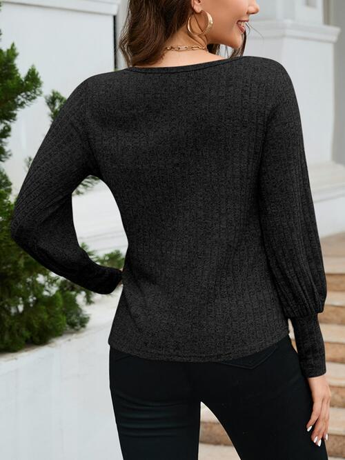 Ribbed Round Neck Lantern Sleeve Knit Top - Women’s Clothing & Accessories - Shirts & Tops - 6 - 2024