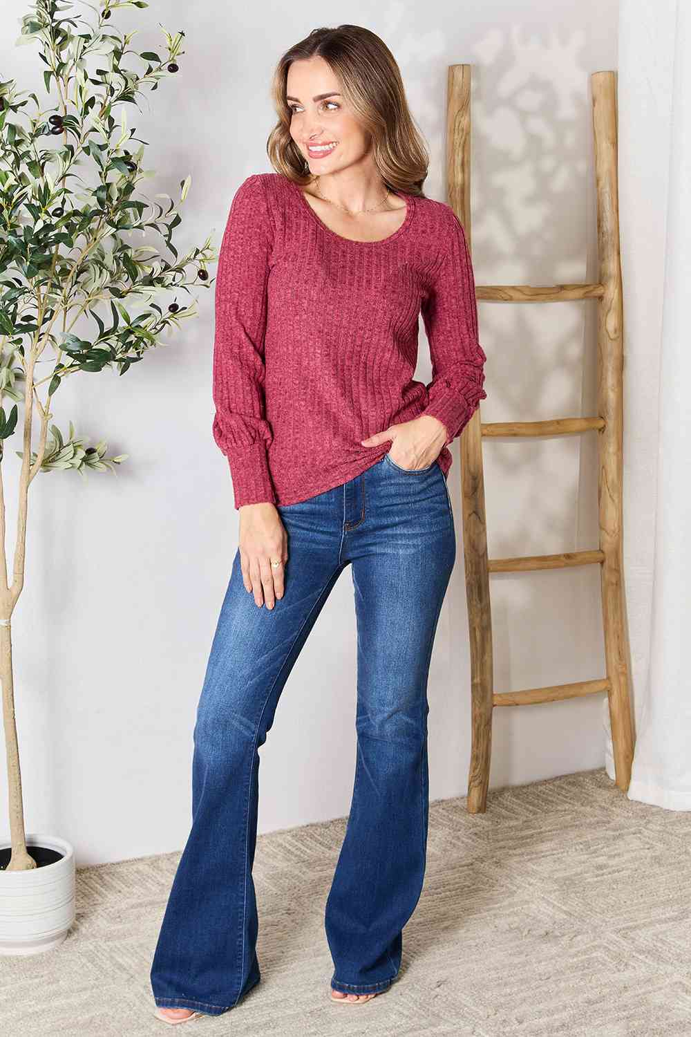 Ribbed Round Neck Lantern Sleeve Blouse - Women’s Clothing & Accessories - Shirts & Tops - 5 - 2024
