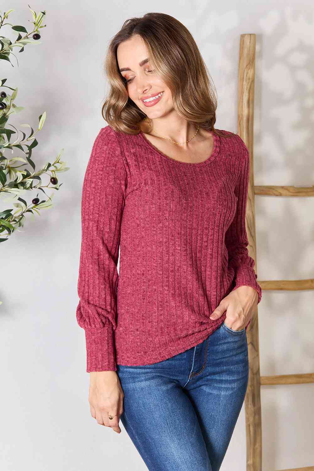 Ribbed Round Neck Lantern Sleeve Blouse - Women’s Clothing & Accessories - Shirts & Tops - 2 - 2024