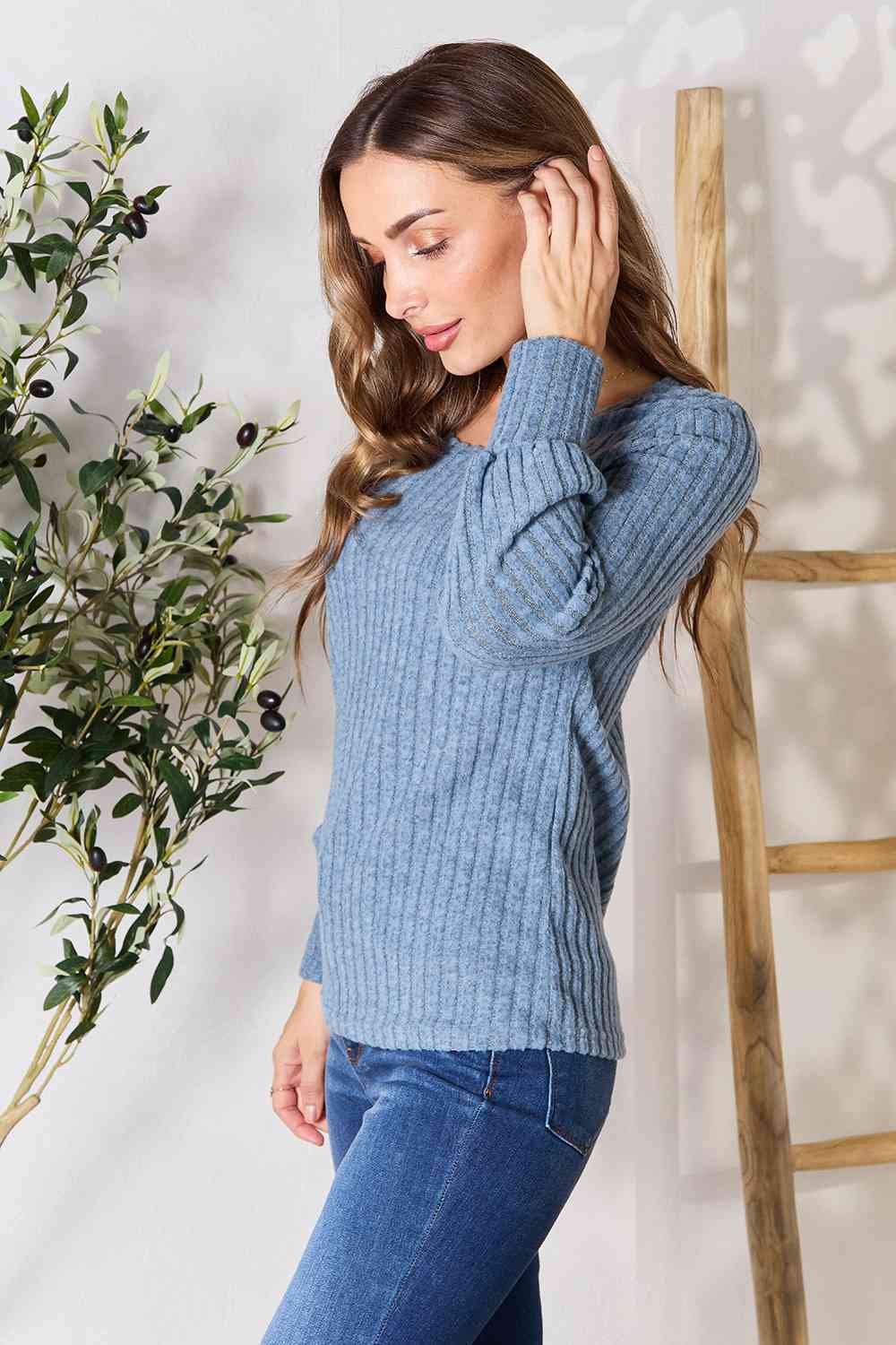Ribbed Round Neck Lantern Sleeve Blouse - Women’s Clothing & Accessories - Shirts & Tops - 12 - 2024