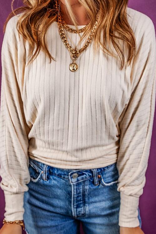 Ribbed Round Neck Long Sleeve Blouse - Women’s Clothing & Accessories - Shirts & Tops - 1 - 2024