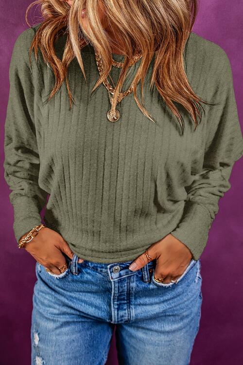 Ribbed Round Neck Long Sleeve Blouse - Sage / S - Women’s Clothing & Accessories - Shirts & Tops - 7 - 2024