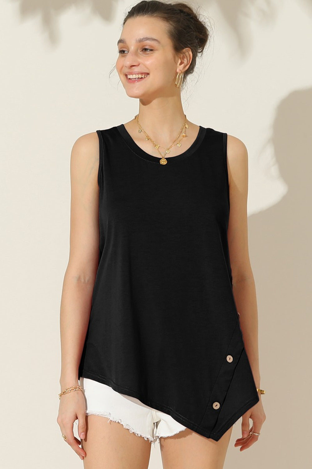 Round Neck Button Side Tank - Black / S - Women’s Clothing & Accessories - Clothing Tops - 1 - 2024