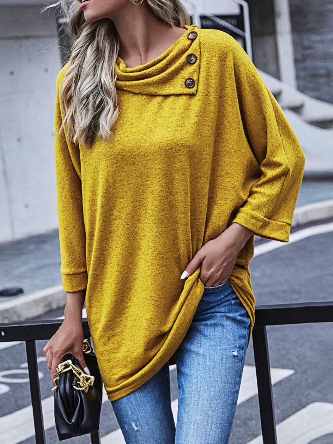 Round Neck Decorative Button Long Sleeve Blouse - Women’s Clothing & Accessories - Shirts & Tops - 3 - 2024