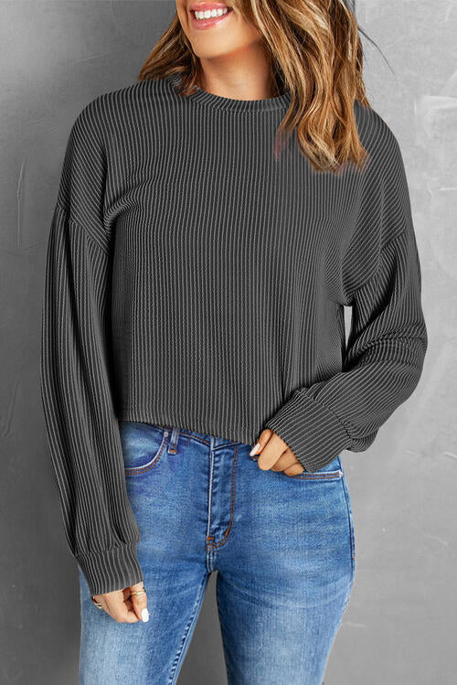 Round Neck Drop Shoulder Long Sleeve Top - Black / S - Women’s Clothing & Accessories - Shirts & Tops - 6 - 2024