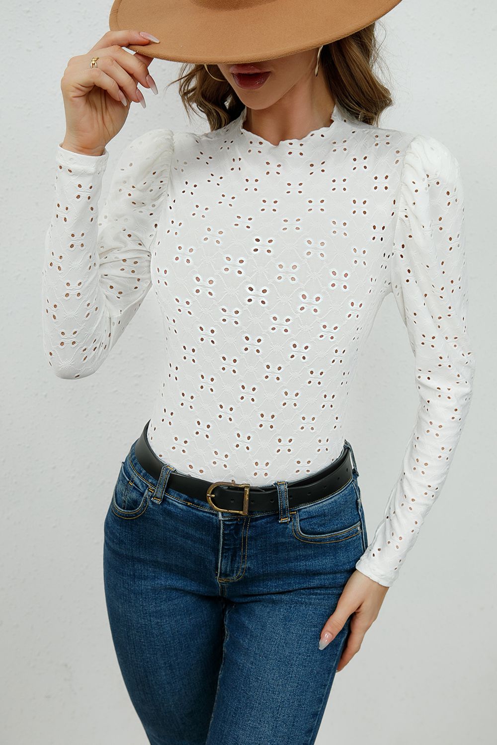 Round Neck Eyelet Long Sleeve Blouse - Women’s Clothing & Accessories - Shirts & Tops - 4 - 2024