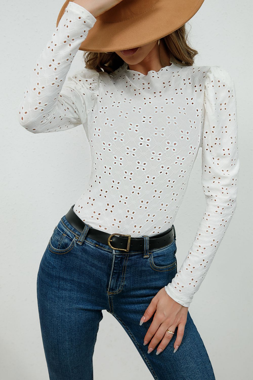 Round Neck Eyelet Long Sleeve Blouse - White / S - Women’s Clothing & Accessories - Shirts & Tops - 1 - 2024