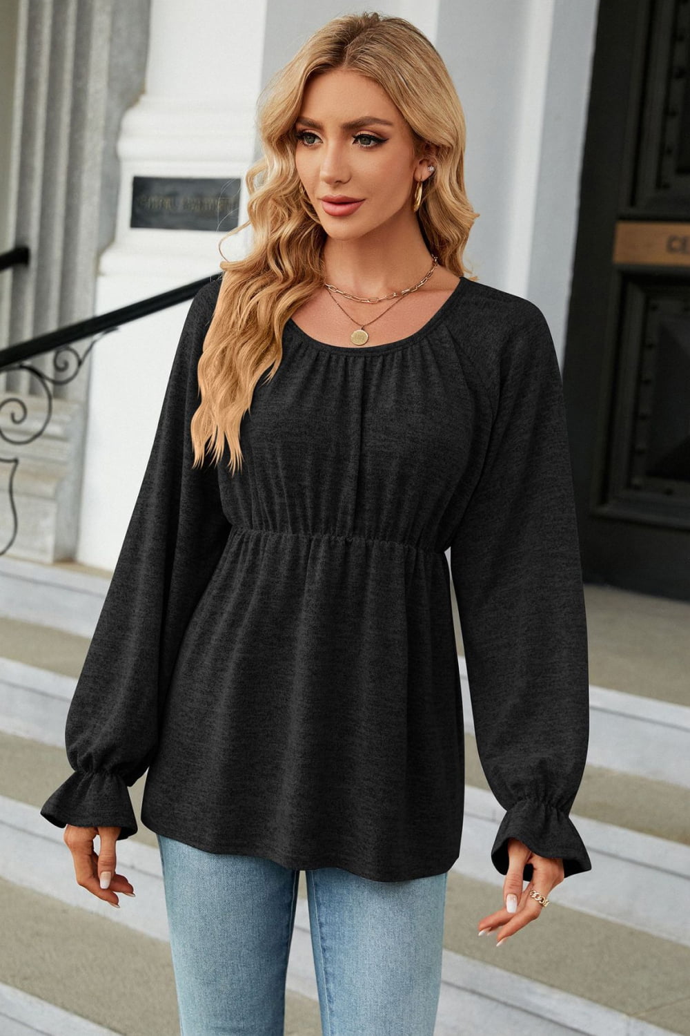 Round Neck Flounce Sleeve Blouse - Women’s Clothing & Accessories - Shirts & Tops - 5 - 2024