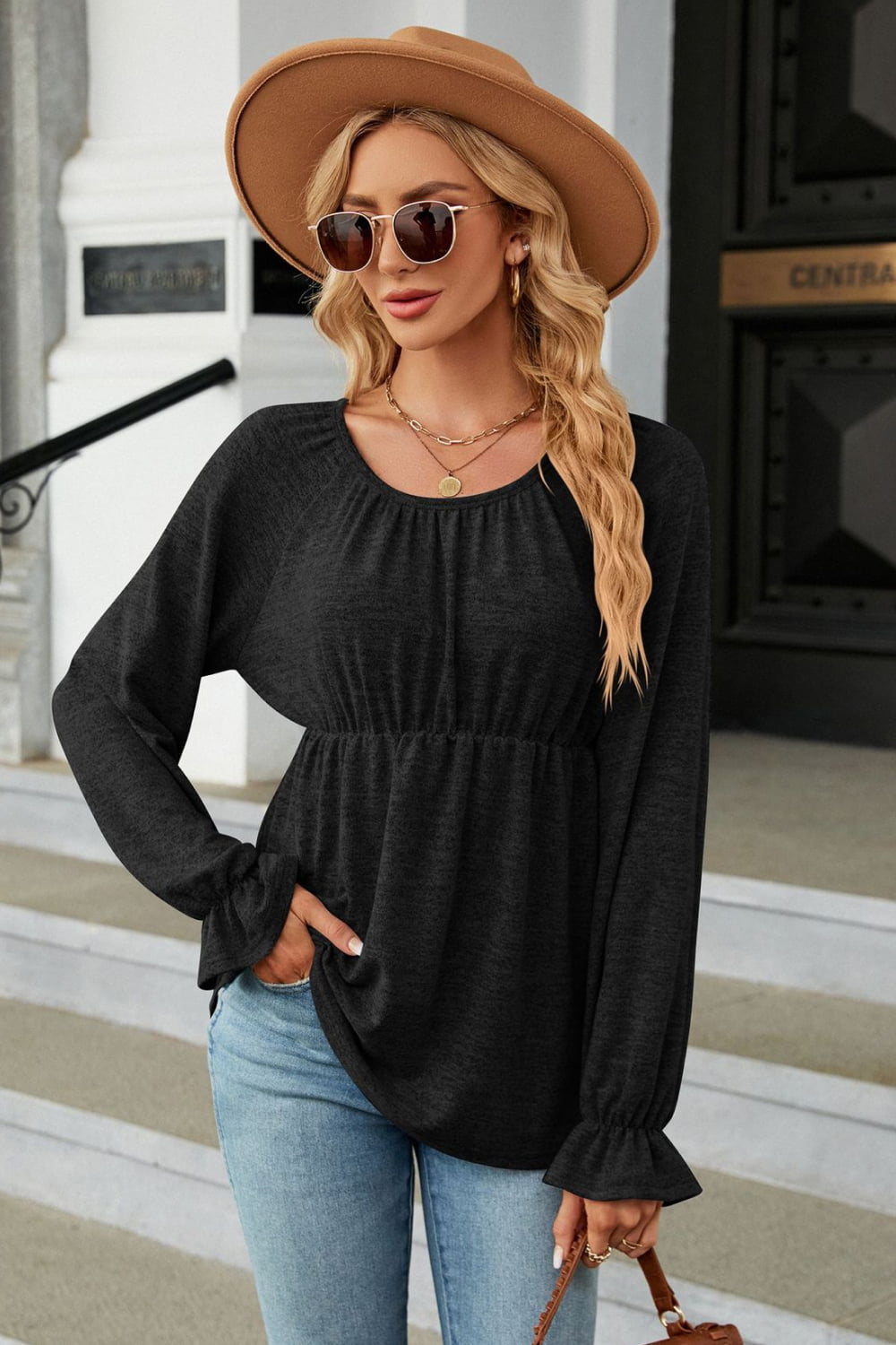 Round Neck Flounce Sleeve Blouse - Black / S - Women’s Clothing & Accessories - Shirts & Tops - 4 - 2024