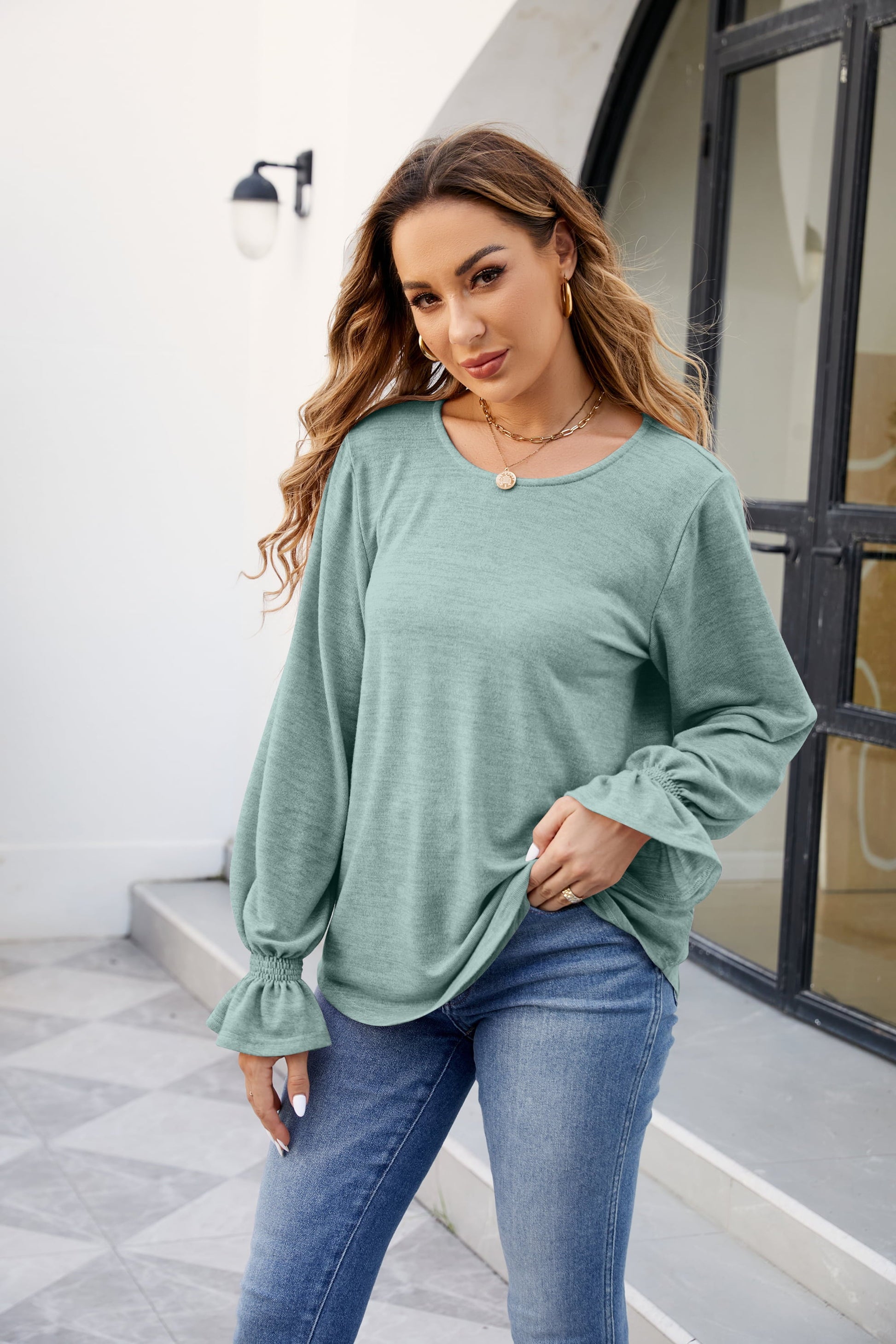 Round Neck Flounce Sleeve Blouse - Women’s Clothing & Accessories - Shirts & Tops - 14 - 2024