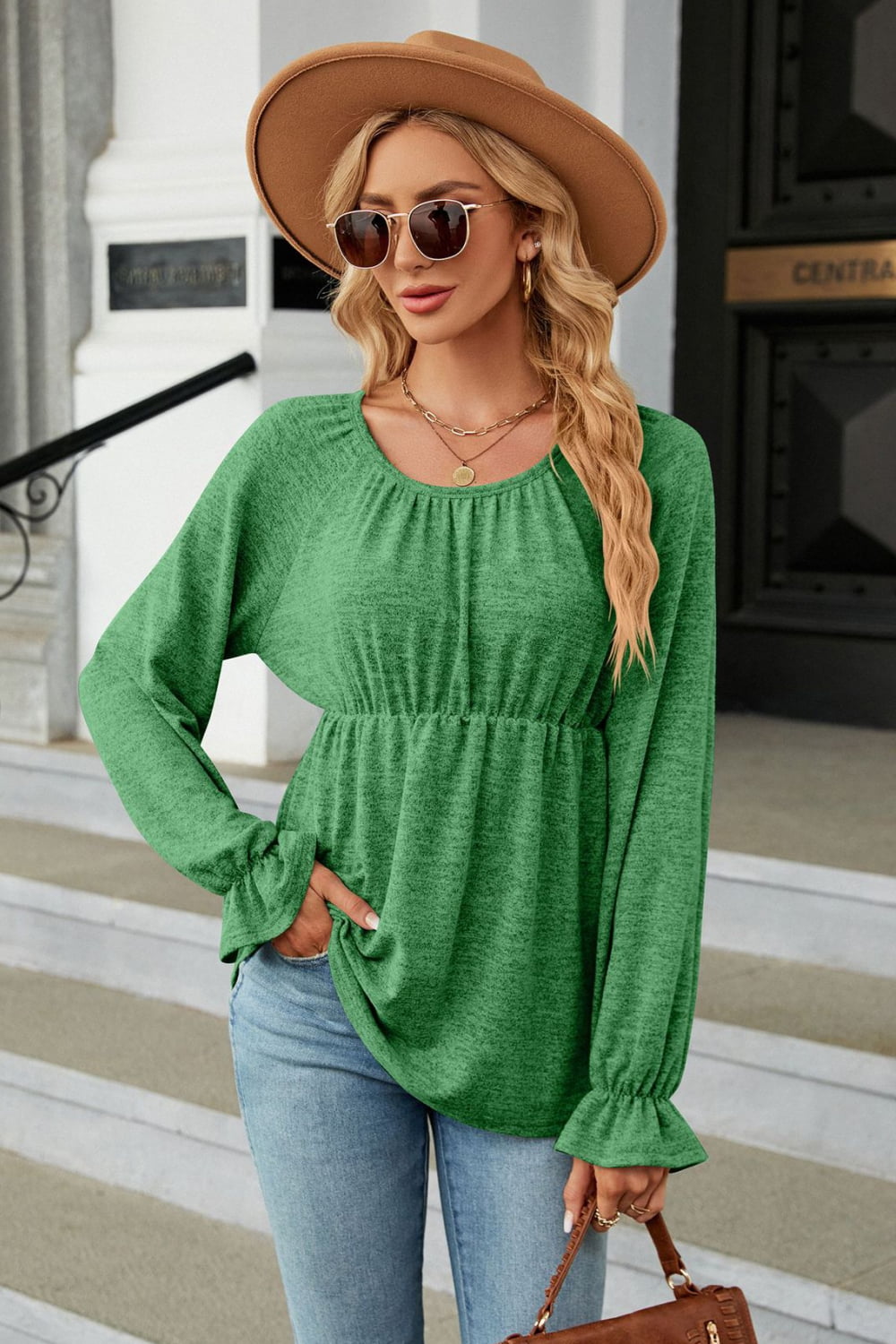 Round Neck Flounce Sleeve Blouse - Green / S - Women’s Clothing & Accessories - Shirts & Tops - 16 - 2024