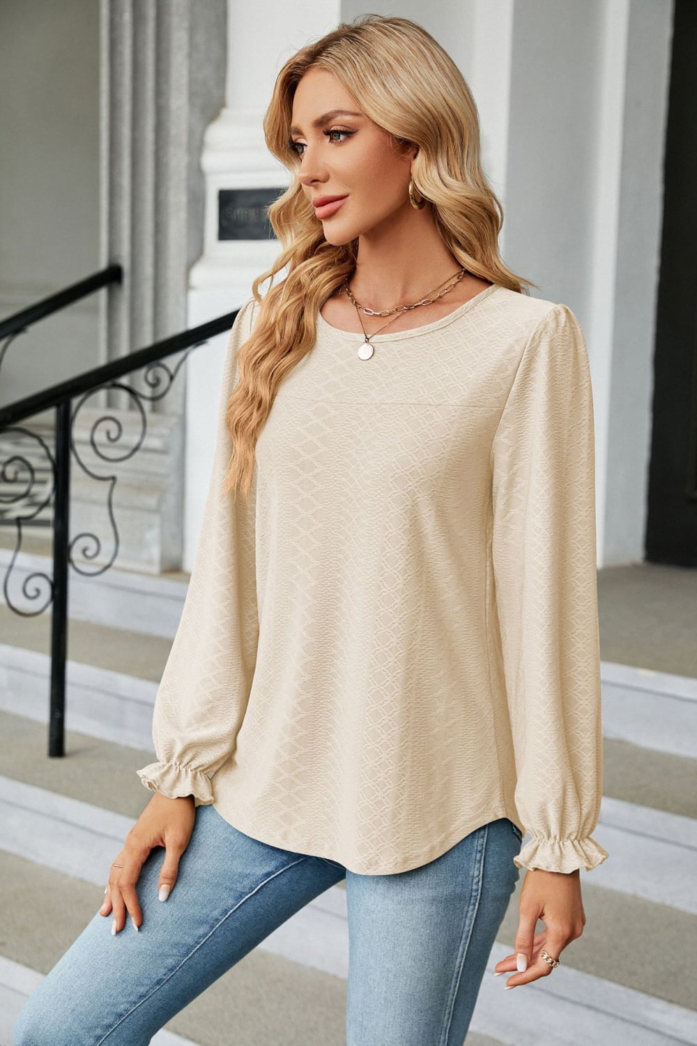 Round Neck Flounce Sleeve Blouse - Women’s Clothing & Accessories - Shirts & Tops - 11 - 2024