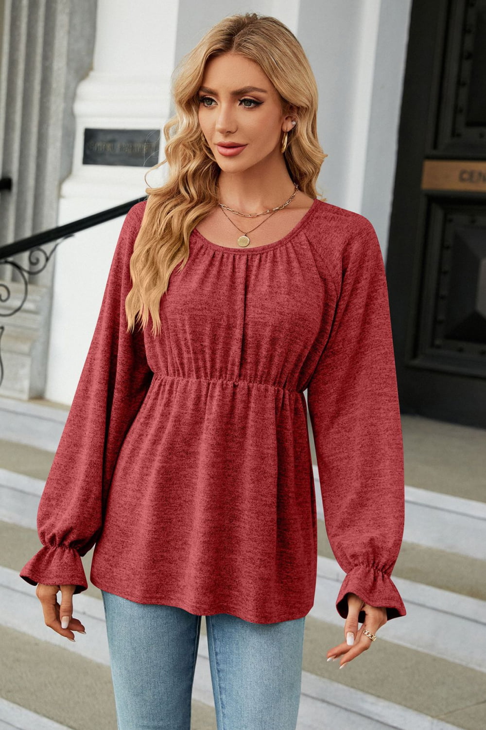 Round Neck Flounce Sleeve Blouse - Women’s Clothing & Accessories - Shirts & Tops - 11 - 2024
