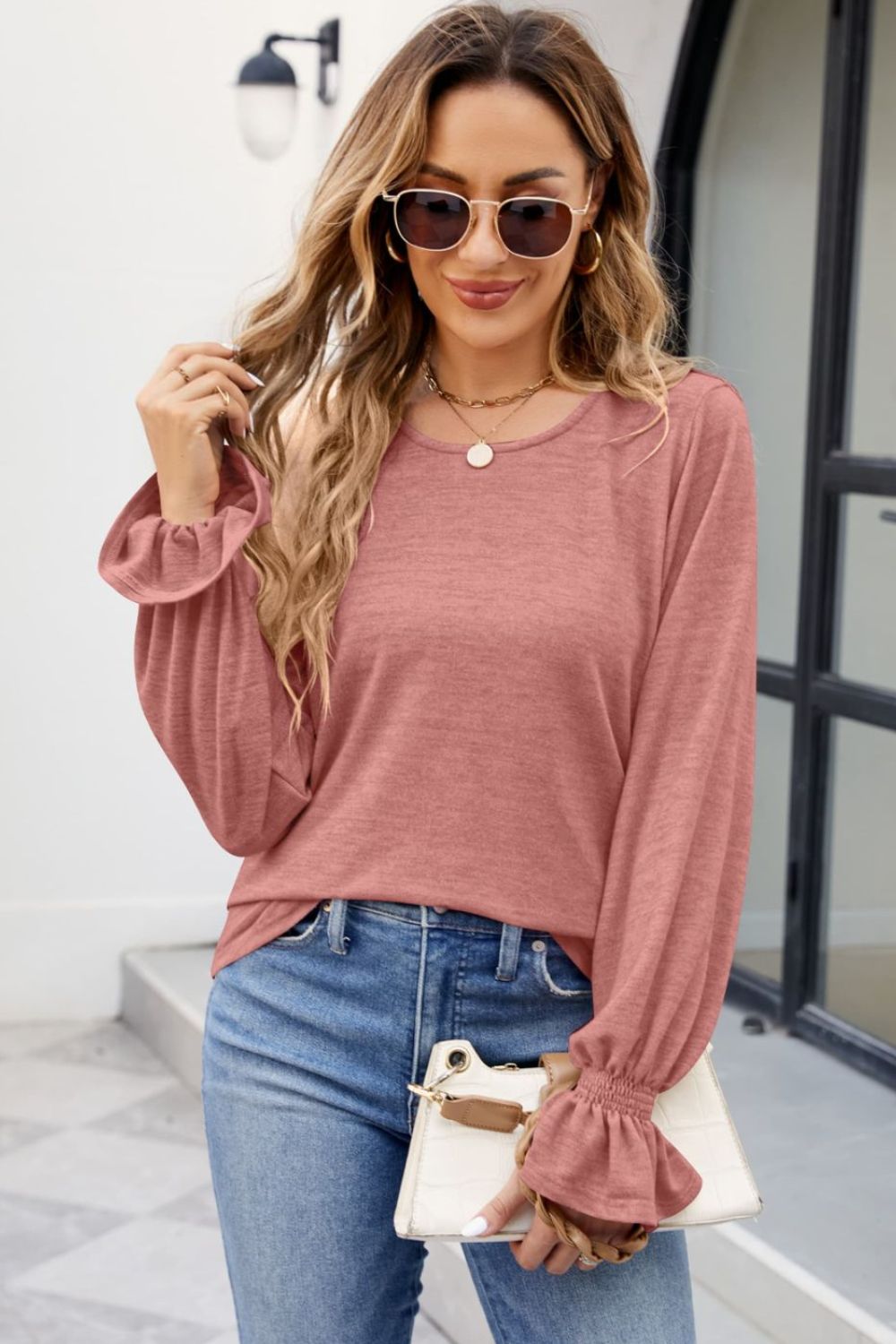 Round Neck Flounce Sleeve Blouse - Women’s Clothing & Accessories - Shirts & Tops - 21 - 2024