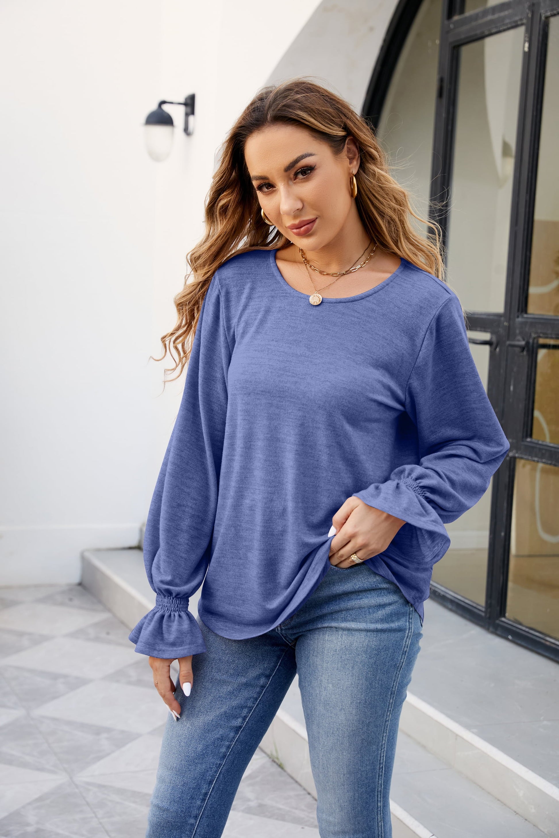 Round Neck Flounce Sleeve Blouse - Women’s Clothing & Accessories - Shirts & Tops - 17 - 2024