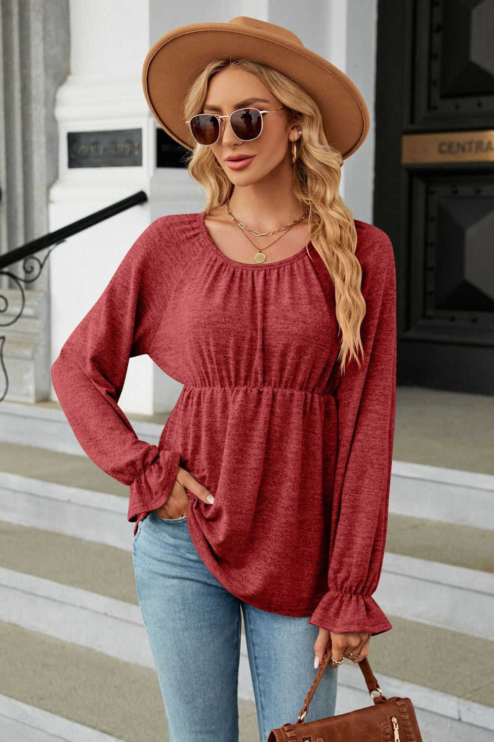 Round Neck Flounce Sleeve Blouse - Red / S - Women’s Clothing & Accessories - Shirts & Tops - 10 - 2024