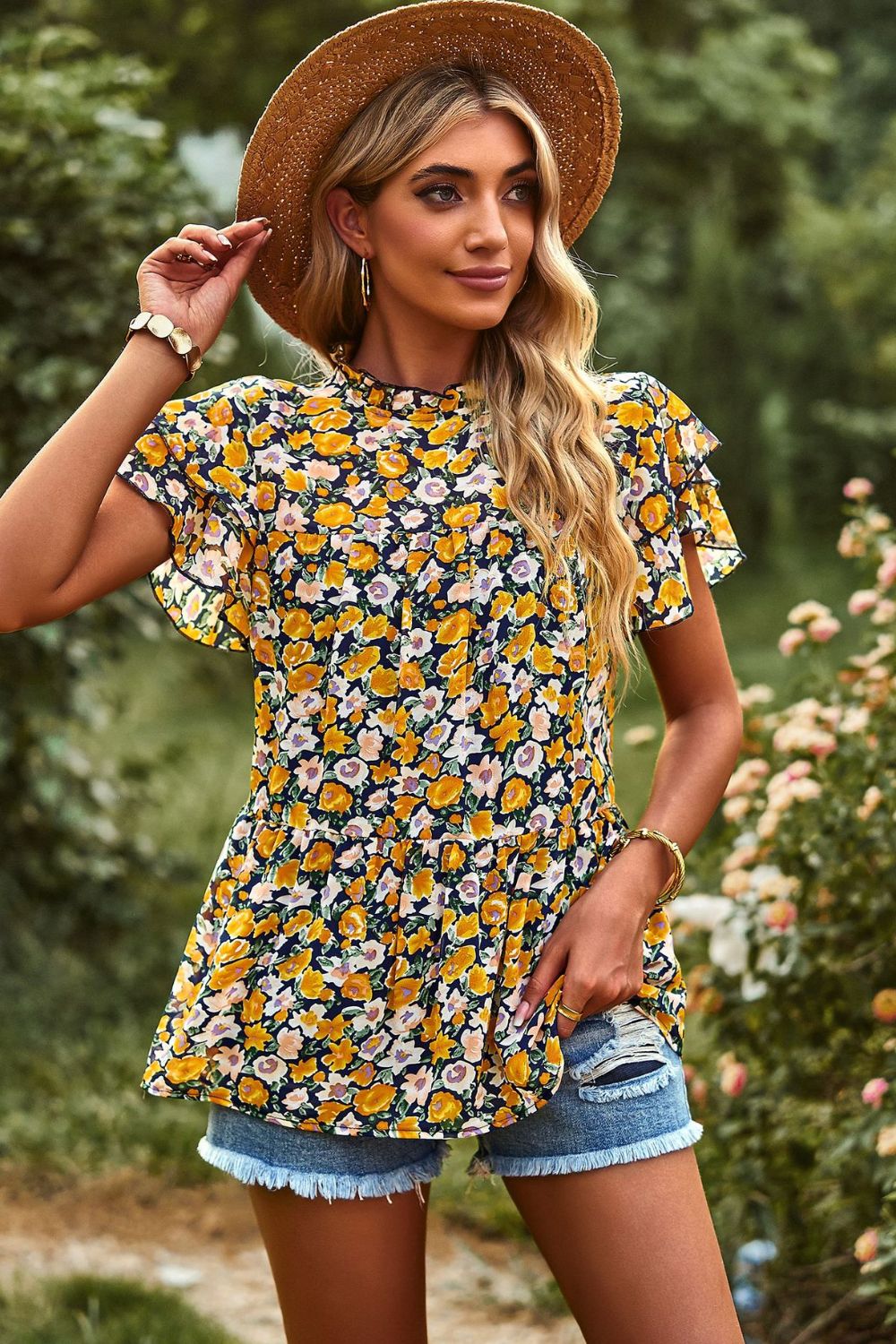 Round Neck Flutter Sleeve Peplum Blouse - Yellow / S - Women’s Clothing & Accessories - Shirts & Tops - 5 - 2024