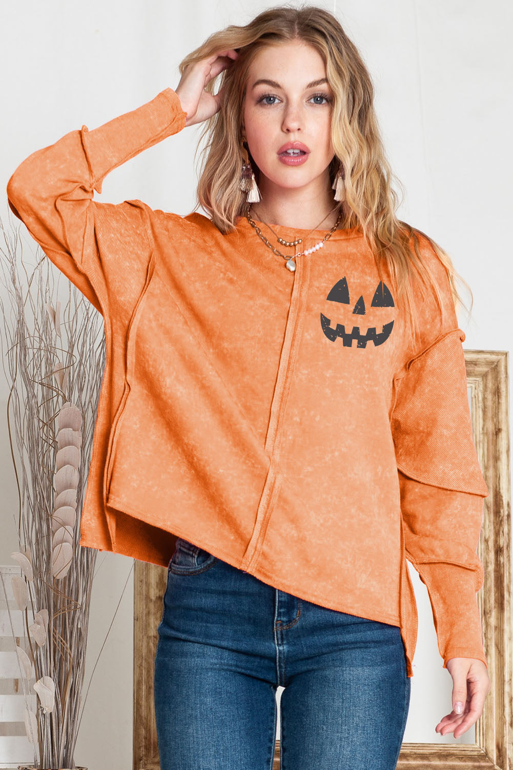 Round Neck Long Sleeve Jack-O’-Lantern Graphic Blouse - Orange / S - Women’s Clothing & Accessories - Shirts & Tops
