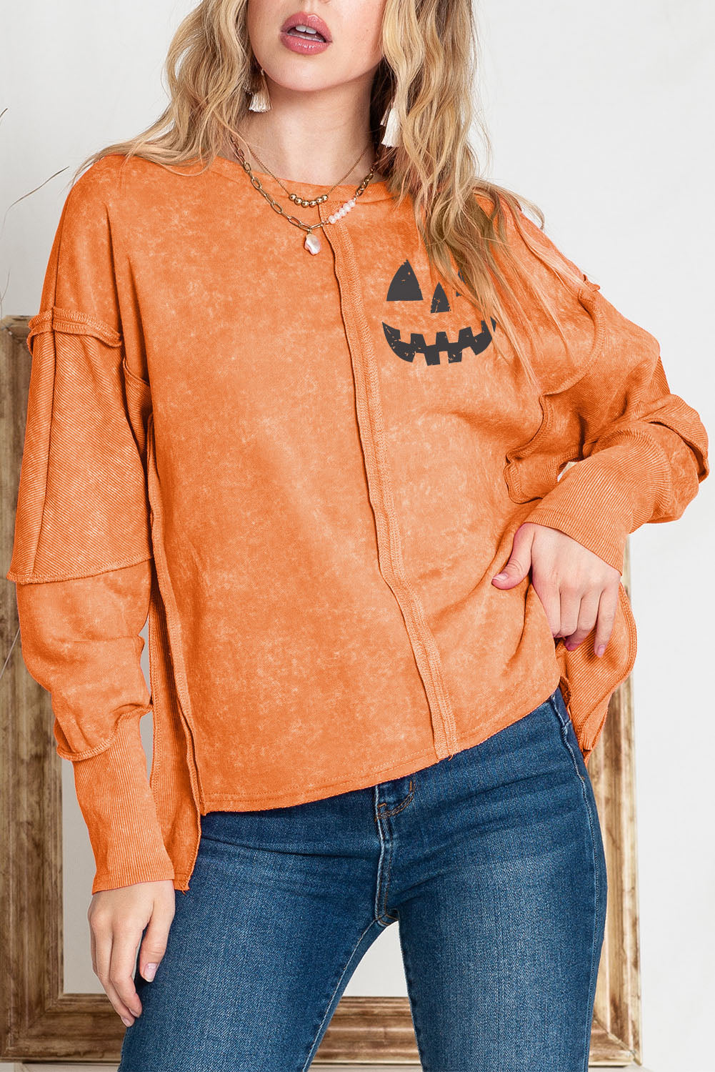 Round Neck Long Sleeve Jack-O’-Lantern Graphic Blouse - Women’s Clothing & Accessories - Shirts & Tops - 3 - 2024