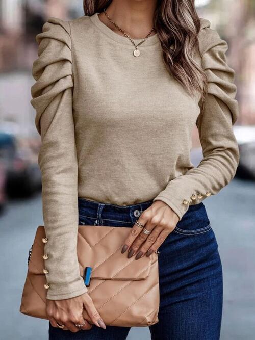 Round Neck Puff Sleeve Sleeve Blouse - Beige / S - Women’s Clothing & Accessories - Shirts & Tops - 7 - 2024