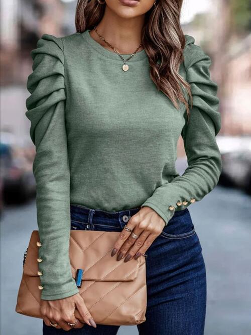 Round Neck Puff Sleeve Sleeve Blouse - Sage / S - Women’s Clothing & Accessories - Shirts & Tops - 4 - 2024