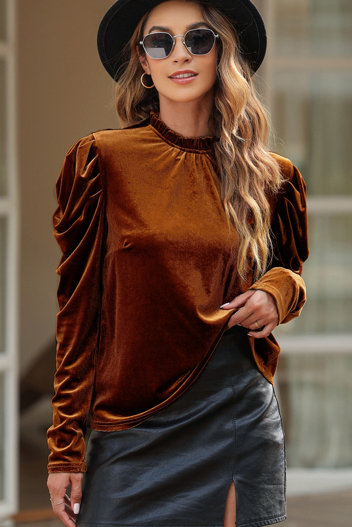 Round Neck Puff Sleeve Velvet Blouse - Brown / S - Women’s Clothing & Accessories - Shirts & Tops - 2 - 2024