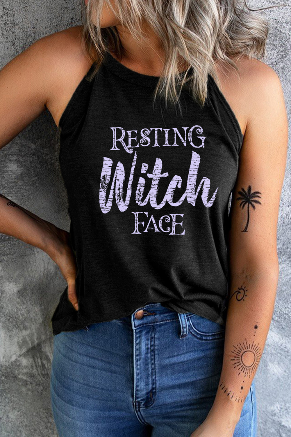 Round Neck RESTING WITCH FACE Graphic Tank Top - Women’s Clothing & Accessories - Shirts & Tops - 3 - 2024